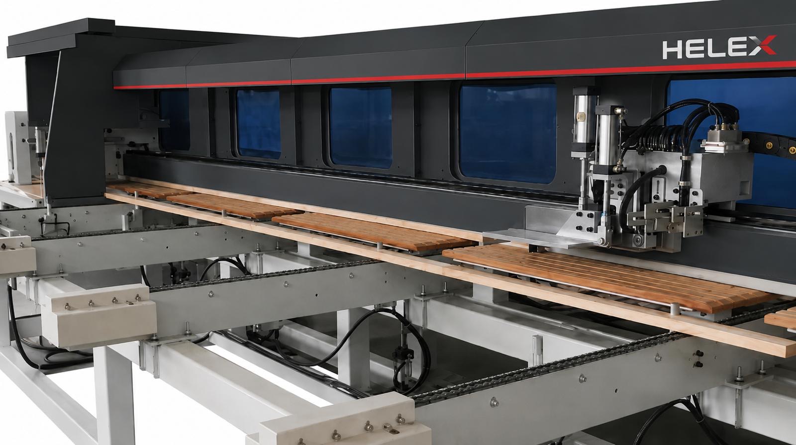 View of the pusher and infeed table Push-Feed Optimizing Cross-Cut Saw Line HE 6000 O