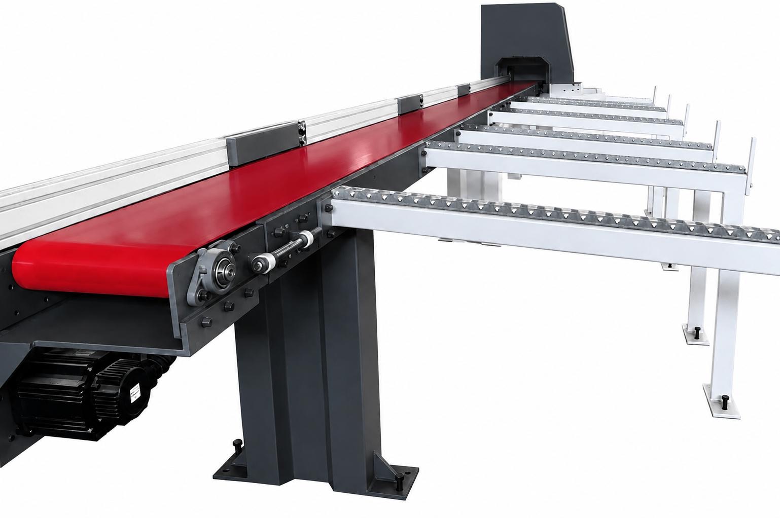 View of the discharge table Push-Feed Optimizing Cross-Cut Saw Line HE 6000 O