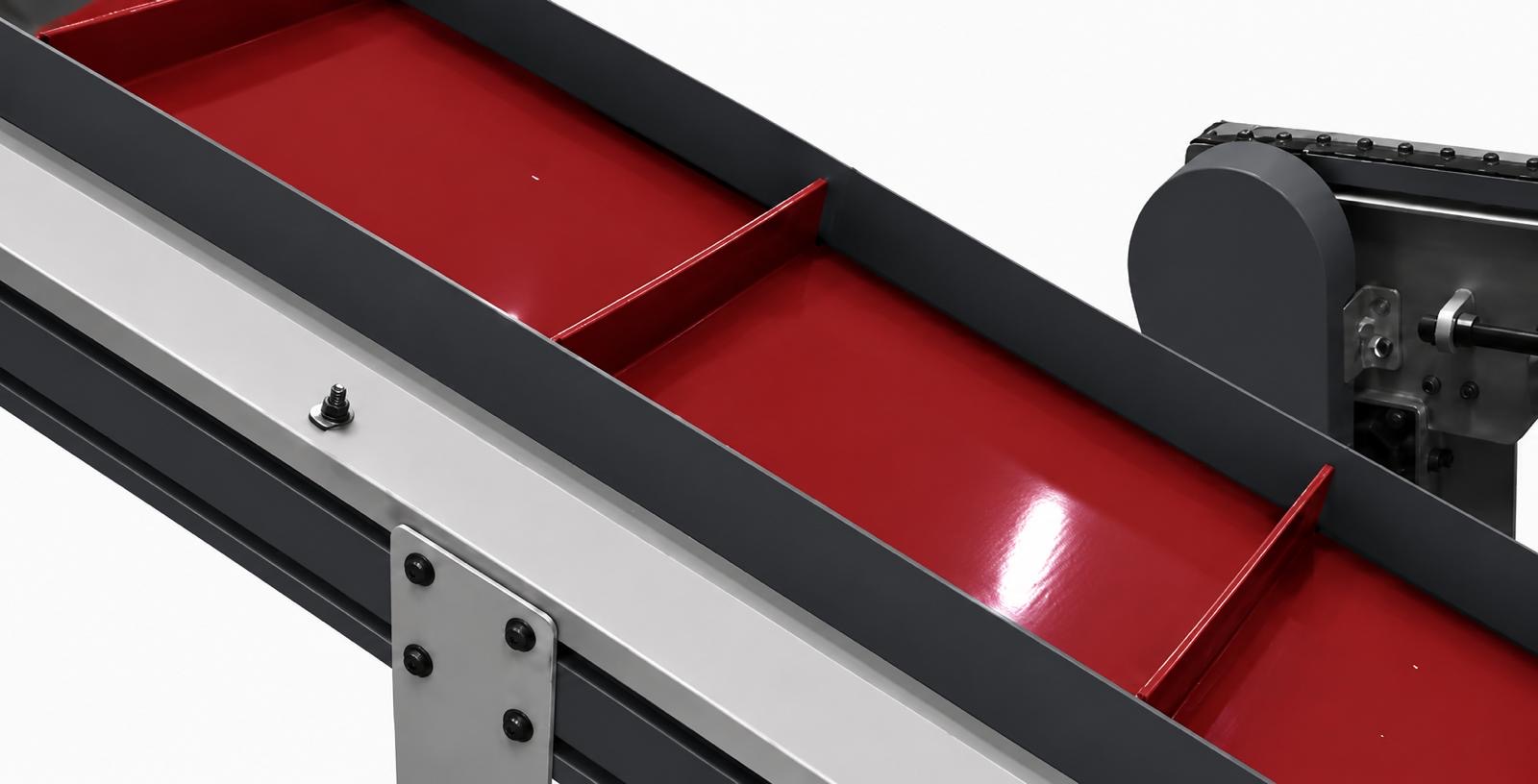 View of the waste conveyor beltView of the waste conveyor belt Push-Feed Optimizing Cross-Cut Saw Line HE 6000 O